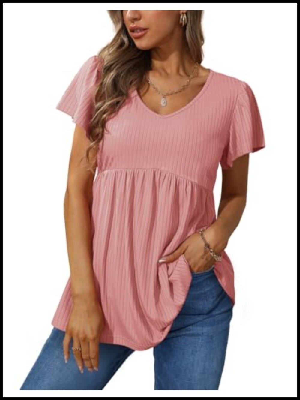 Ruffle Sleeve V-Neck Oversized Tunic Babydoll Top for Women